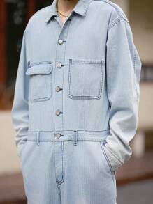 Manfinity Homme Bộ áo liền quần denim có nút nắp phía trước dành cho nam giới - Rửa nhẹ - Xem 5