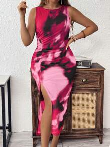SHEIN Clasi Plus Size Women's Ombre Print Pleated Round Neck Sleeveless Dress - Multicolor - View 4