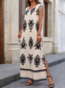 EMERY ROSE Ärmelloses Kleid mit Allover Muster und V-Ausschnitt, lässige Urlaubsmode