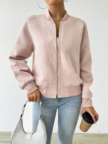 Chiquease 2025 Autumn/Winter Round Neck Zip-Up Loose Fit Casual Baseball Jacket Fall Cloth For Women - Pink - View 5
