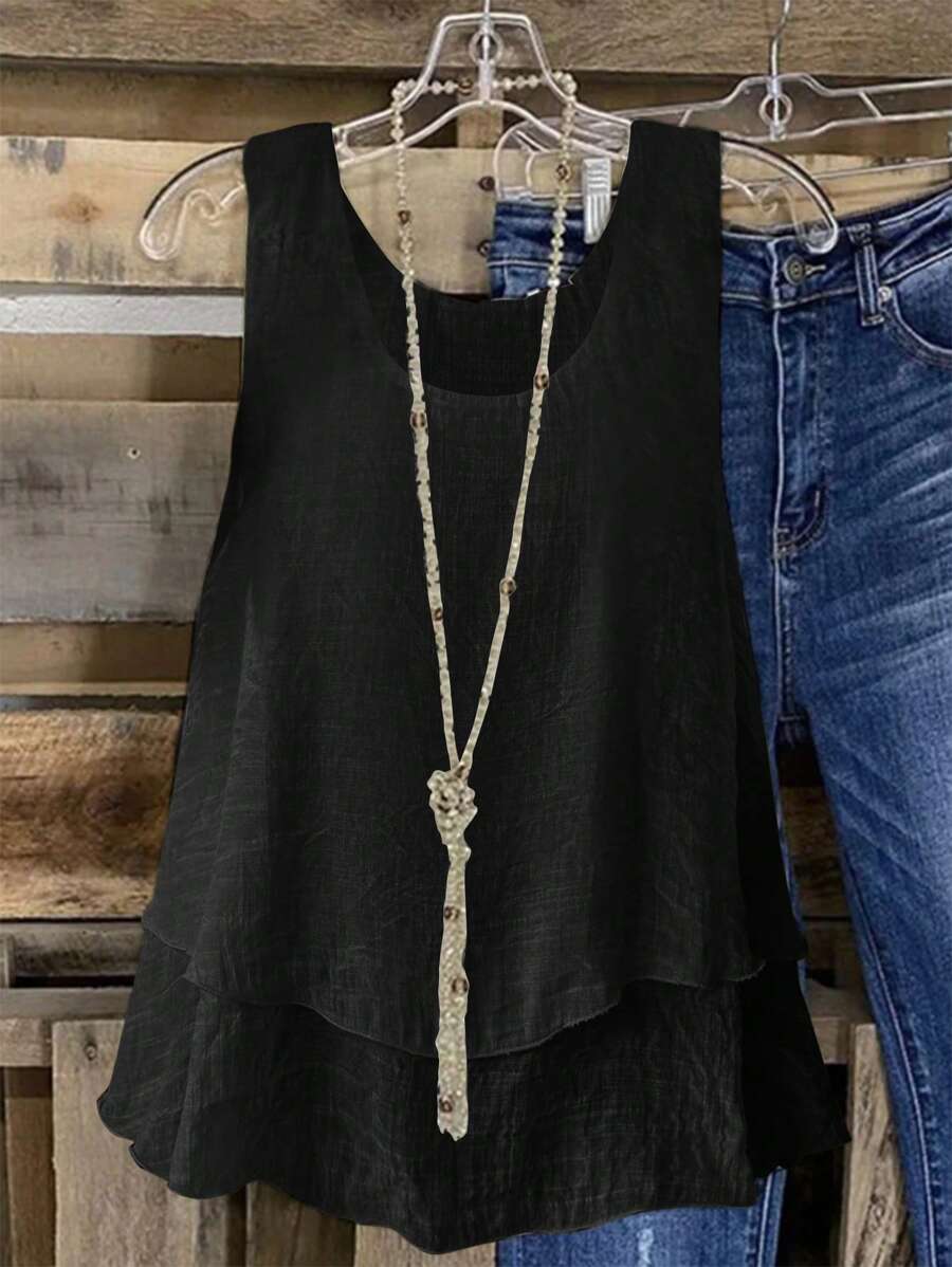 SHEIN Franclia 女士夏季純色荷葉邊蕾絲裝飾背心 - 黑色 - 查看 1