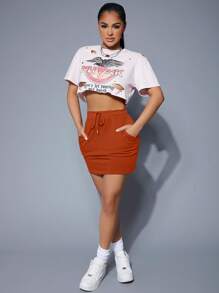 SHEIN SXY 女士抽绳口袋纯色休闲时尚半身裙 - 鏽棕色 - 查看 5