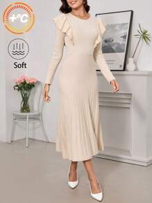 SHEIN Clasi 女式圓領長袖A字裙，下擺褶邊設計 - 卡其色 - 查看 5