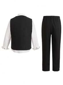 SHEIN 2 pièces Tenue de gentilhomme pour jeunes garçons - veste sans manches et pantalon, costume formel élégant pour anniversaire, mariage, remise de diplôme, Noël, Halloween - Noir - Voir 2