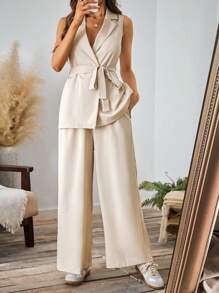SHEIN LUNE 2pcs Solid Color Sleeveless Blazer & Pocket Pants Khaki Suit Set - Khaki - View 4