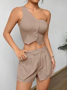 Flirla Women's Summer Solid Color Sleeveless Crop Top And Pleated Shorts Loose 2pcs Set