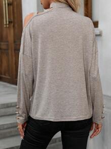 SHEIN LUNE Women's Fashionable High-End Metal Button Decor Cold Shoulder Long Sleeve T-Shirt - Camel - View 2