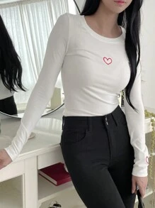 DAZY 女式圆领长袖心形印花休闲衬衫，秋季服装 - 白色 - 查看 7