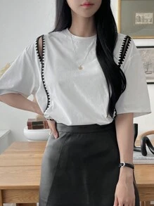 DAZY 女士纯色圆领短袖休闲上衣 - 白色 - 查看 7