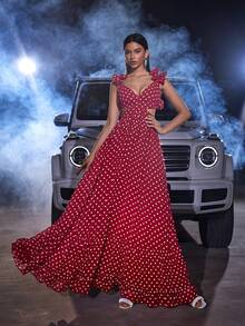 Polka Dot Ruffle Trim Maxi Chiffon Dress For Party Prom - Burgundy - View 3