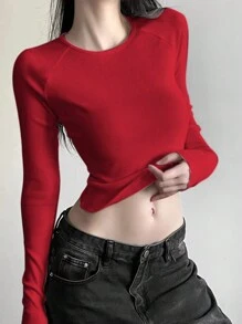 INAWLY Women Spring And Summer Gothic Letter Print Round Neck Raglan Long Sleeves Cut Slim Fit T-Shirt Graphic Tees Women Tops For Spring - Red - View 5