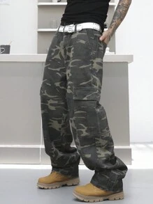 Manfinity EMRG Men's Button Waist Belt Loop Camo Design Casual Denim Jeans, Camo Long Baggy Washed Cargo Jeans, For Husband, Boyfriend Gifts Going Out Disco Party Vacation Street - Army Green - View 3