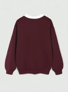 Teenage Girls' Retro V-Neck Oversized Number & Letter Print Sweatshirt, Casual Sports Pullover - Burgundy - View 2