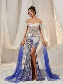 Faeriesty 露肩斗篷袖亮片美人鱼连衣裙