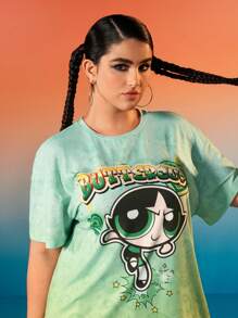 THE POWERPUFF GIRLS X SHEIN Camiseta a juego con estampado de mariposa y letras en degradado de color verde milenario talla grande para hermanas