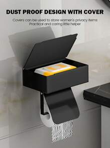 Black Toilet Paper Holder With Shelf And Phone Holder - Wall Mounted With Self-Adhesive Or Screw Mount Installation, Includes Roll Dispenser And Storage Function