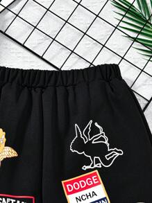 SHEIN Teenage Girls' Black Street Style Graphic Print Knit Summer Shorts