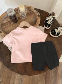 SHEIN 2pcs Baby Girls' Fashionable And Cute Bowknot Letter Printed Casual And Comfortable Round Neck Short Sleeve T-Shirt And Shorts Set, Suitable For Outdoor Vacation In Summer - Pink - View 2