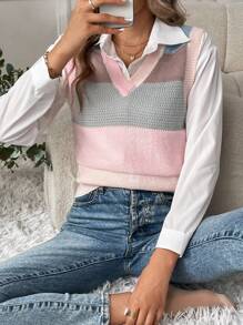 SHEIN Unity 女士 V 领无袖条纹撞色设计休闲舒适时尚毛衣背心 - 粉色 - 查看 6