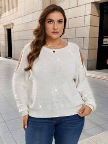 SHEIN LUNE Plus Solid Long Sleeve Rhinestone Sweater, Knit Pullover Fall Winter - White - View 7