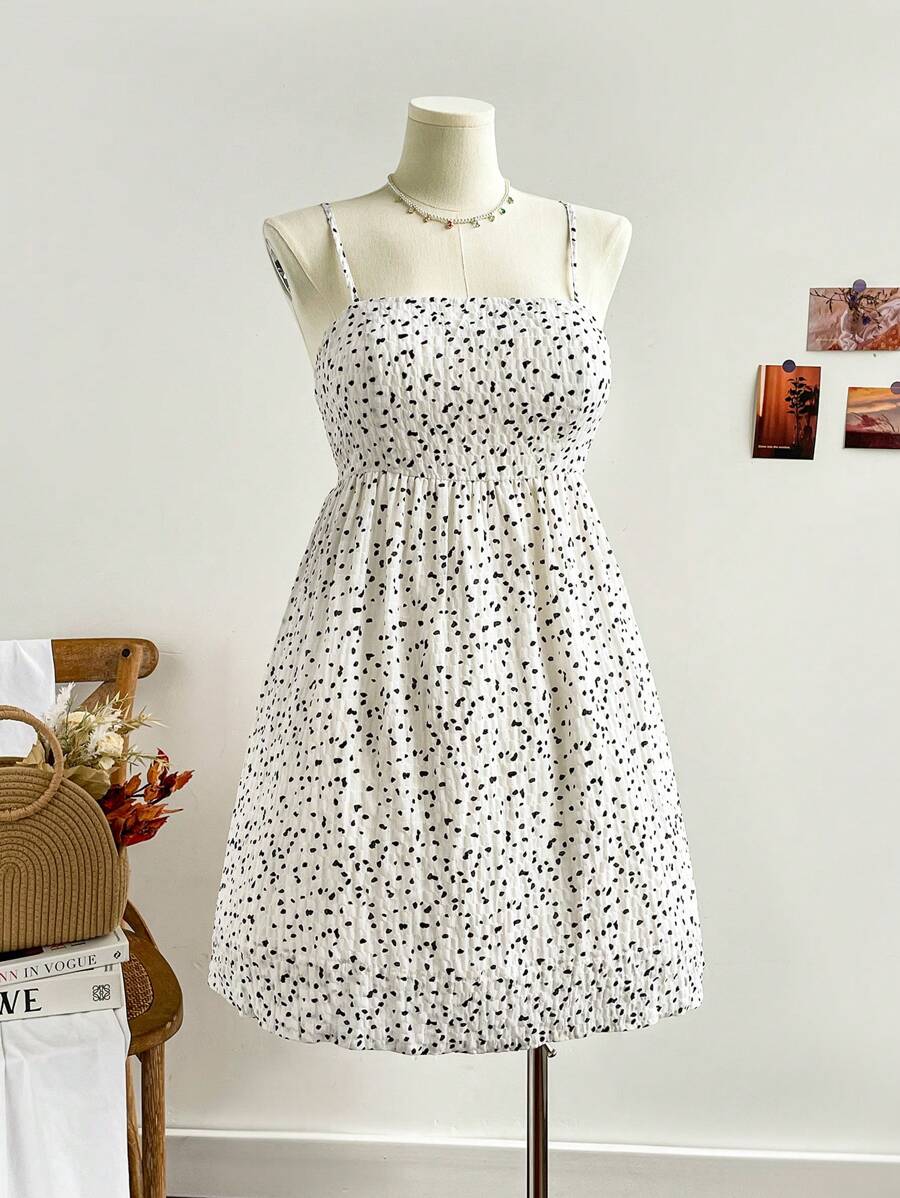 Soleia Gaun Liburan Motif Polkadot Tanpa Lengan dengan Tali Bahu Tipis Ukuran Plus, Tanpa Punggung, dan Motif Polkadot di Bagian Pinggang - Hitam dan Putih - View 1