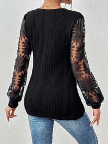 Chiquease Women's V-Neck Long Sleeve Top With Lace Splice And Twist Design - Black - View 2