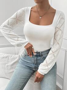 Chiquease 女士圆领长袖孔眼刺绣休闲宽松舒适套头毛衣 - 米色 - 查看 3