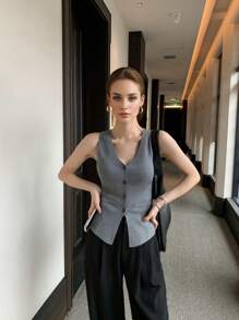 SHEIN Privé Haut gris en crochet avec décolleté en v pour femmes et fente avant - Gris pâle - Voir 6