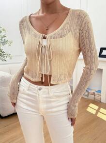 Chiquease Áo crop top dài tay màu trơn phía trước, kỳ nghỉ thông thường - Màu be - Xem 1