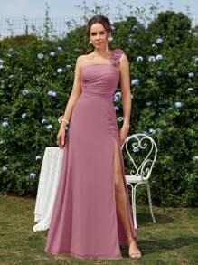 SHEIN Belle Elegant Shoulder Strap Floral Ruched A-Line Split Bridesmaid Dress (Adult) - Dusty Pink - View 3