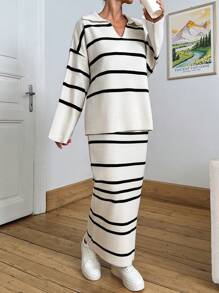 EURMUSE Women Stripe Pattern Collar Neck Drop Shoulder Pullover & Sweater Skirt Set - Multicolor - View 5