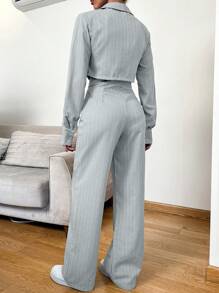 SHEIN Cottnline Striped Print Crop Blouse & Pants - Grey - View 2