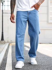 Manfinity Homme Men's Relaxed Fit Solid Color Denim Jeans With Slant Pockets - Blue - View 7