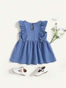 Infant/Toddler Girls' Cute Embroidered Ruffle Shoulder Denim Dress - Light Wash - View 2