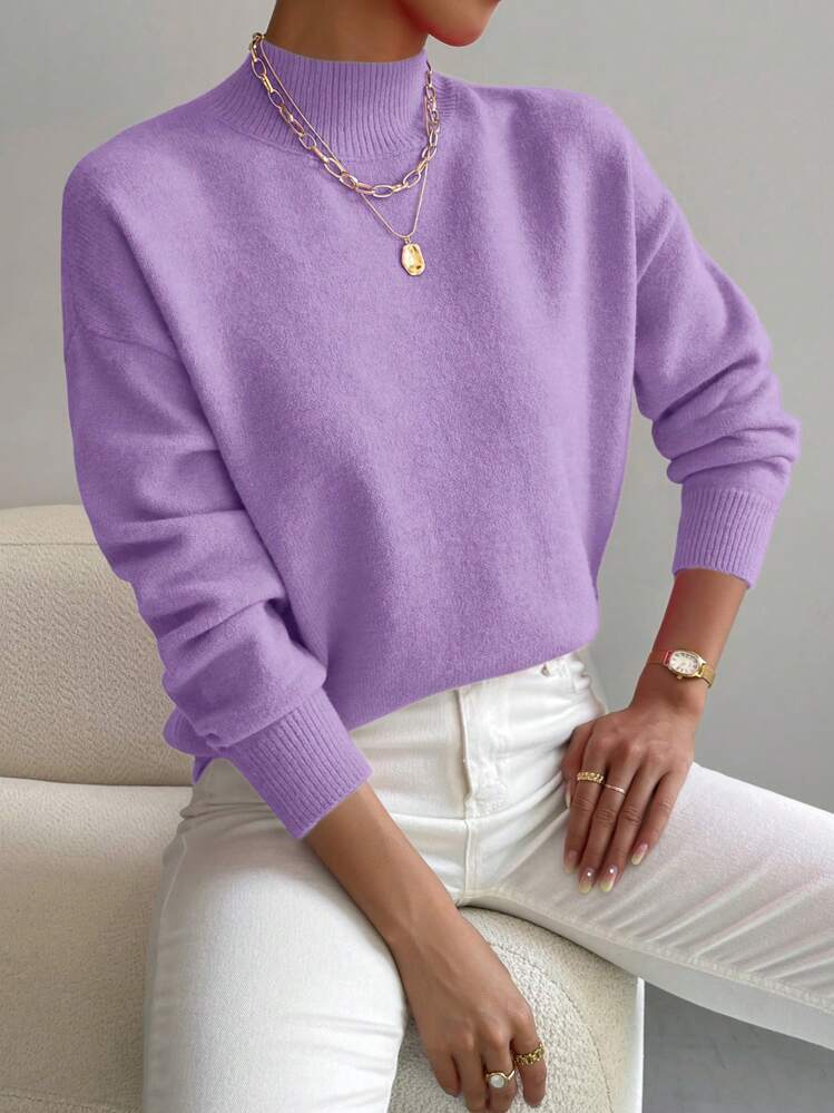 SHEIN LUNE Women's Solid Color Minimalist Crew Neck Long Sleeve Sweater,Long Sleeve Tops Knit Pullover Fall Winter Outfit - Purple - View 1