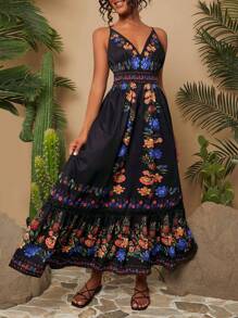 Travachic 假日復古印花鬆緊帶無背紡織夏季連衣裙 - 黑色 - 查看 1