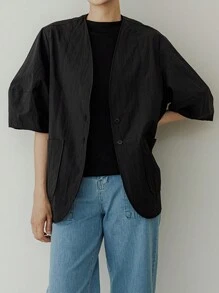 DAZY 女士纯色简约休闲无袖纽扣前开衫女式夹克，秋季女装 - 黑色 - 查看 9