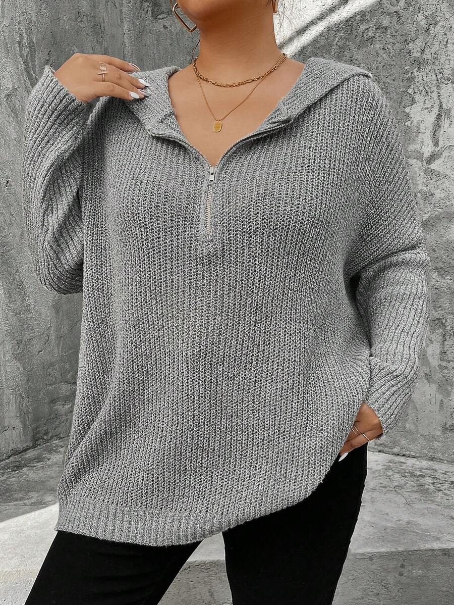 SHEIN LUNE Plus Size Women's Solid Color Simple Casual Half Zip Hooded Pullover Sweater Knit Pullover Fall Winter - Grey - View 1