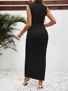 SHEIN Maternity Casual Slim Fit Stand Collar Long Dress - Black - View 2