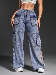 SHEIN SXY Phụ nữ Túi Nút Thẳng Thời Trang Thường Ngày Chia Quần Jean Đa Năng Hợp Thời Trang - Rửa nhẹ - Xem 4