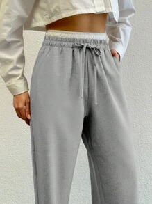 SHEIN Tall Colorblock Wide Leg Pants With Drawstring, Tall Women - Grey - View 5