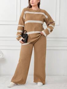 EURMUSE STRIPE DESIGN PLUS SIZE SWEATER CO-ORDS, For Winter - Multicolor - View 4