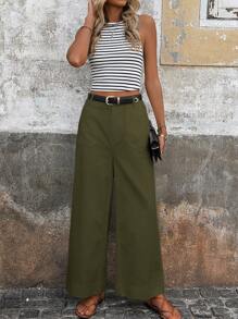 SHEIN LUNE 女款高腰有口袋阔腿白色休闲裤 - 軍綠色 - 查看 6