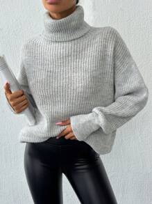 EURMUSE Maglione semplice a collo alto a tinta unita, maniche lunghe, per uso casual - Grigio - Visualizzare 5
