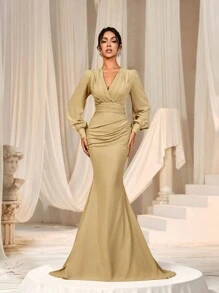 Faeriesty Elegant Cross-Over V-Neck Lantern Sleeve Mermaid Hem Dress - Sophisticated Timeless Design For Spring/Summer Weddings, Galas, Red Carpet