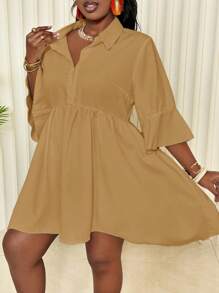 Slaydiva 大码优雅通勤休闲白衬衫连衣裙，下摆不对称，短袖，适合女士春夏装 - 芥末黃 - 查看 1