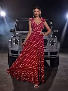 Polka Dot Ruffle Trim Maxi Chiffon Dress For Party Prom - Burgundy - View 4