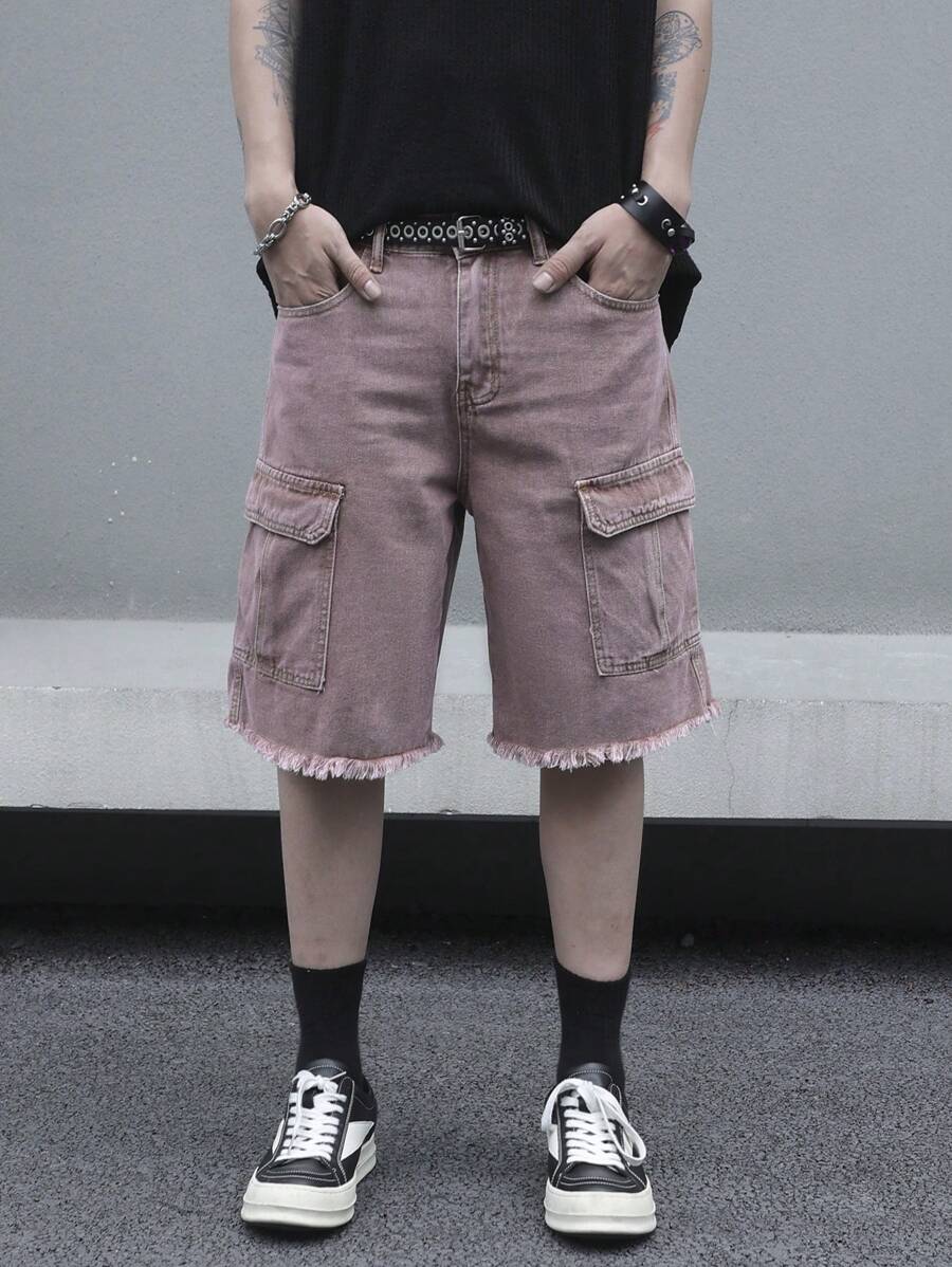 Manfinity EMRG 夏季男士纯色口袋流苏下摆休闲牛仔短裤 - 粉色 - 查看 1