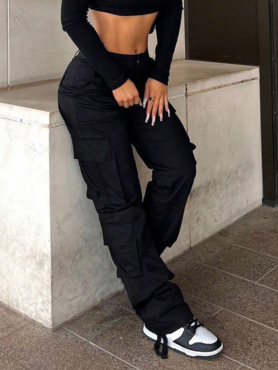 NVFelix New Autumn Clothes Women's Work Pants High-Waisted Straight-Leg Pocket Jeans Solid Color Wide-Leg Back To School Clothes Casual Trousers - 黑色 - 查看 1