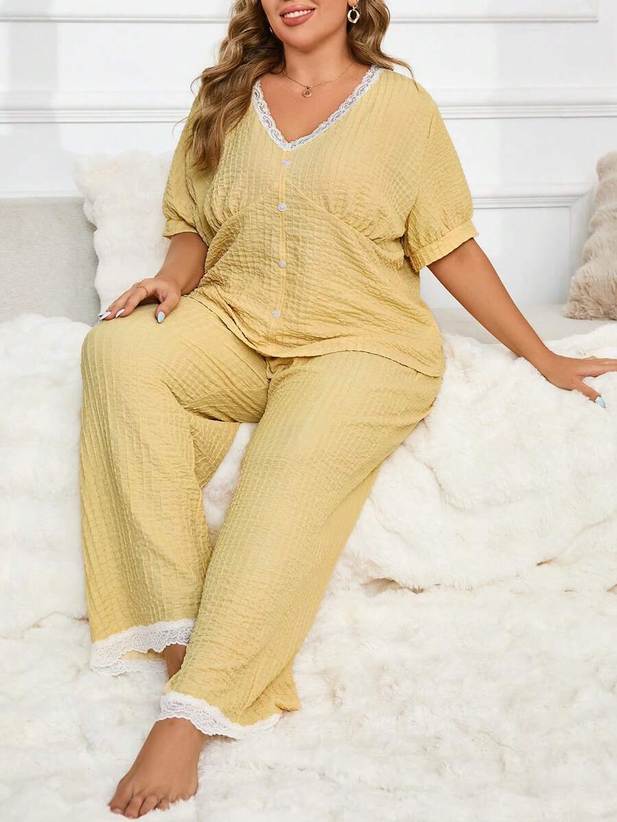 Jacquard Knit Sleepwear Set, Plus Size Short Sleeve Top And Pants - Mustard Yellow - View 1